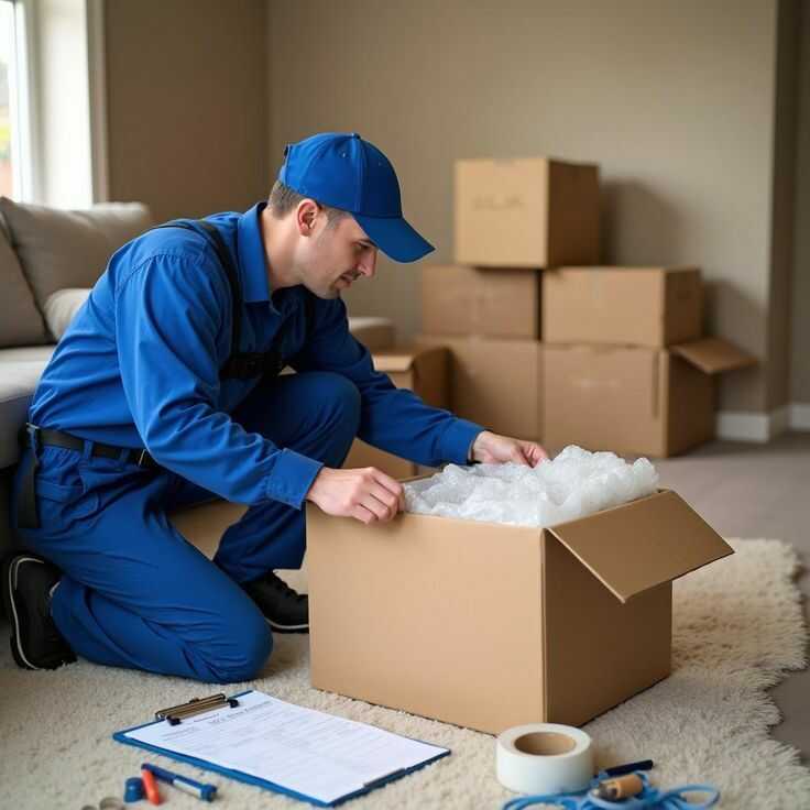 Mitarbeiter in blauer Uniform packt Verpackungsmaterial in einen Karton für Umzugsdienstleistungen.