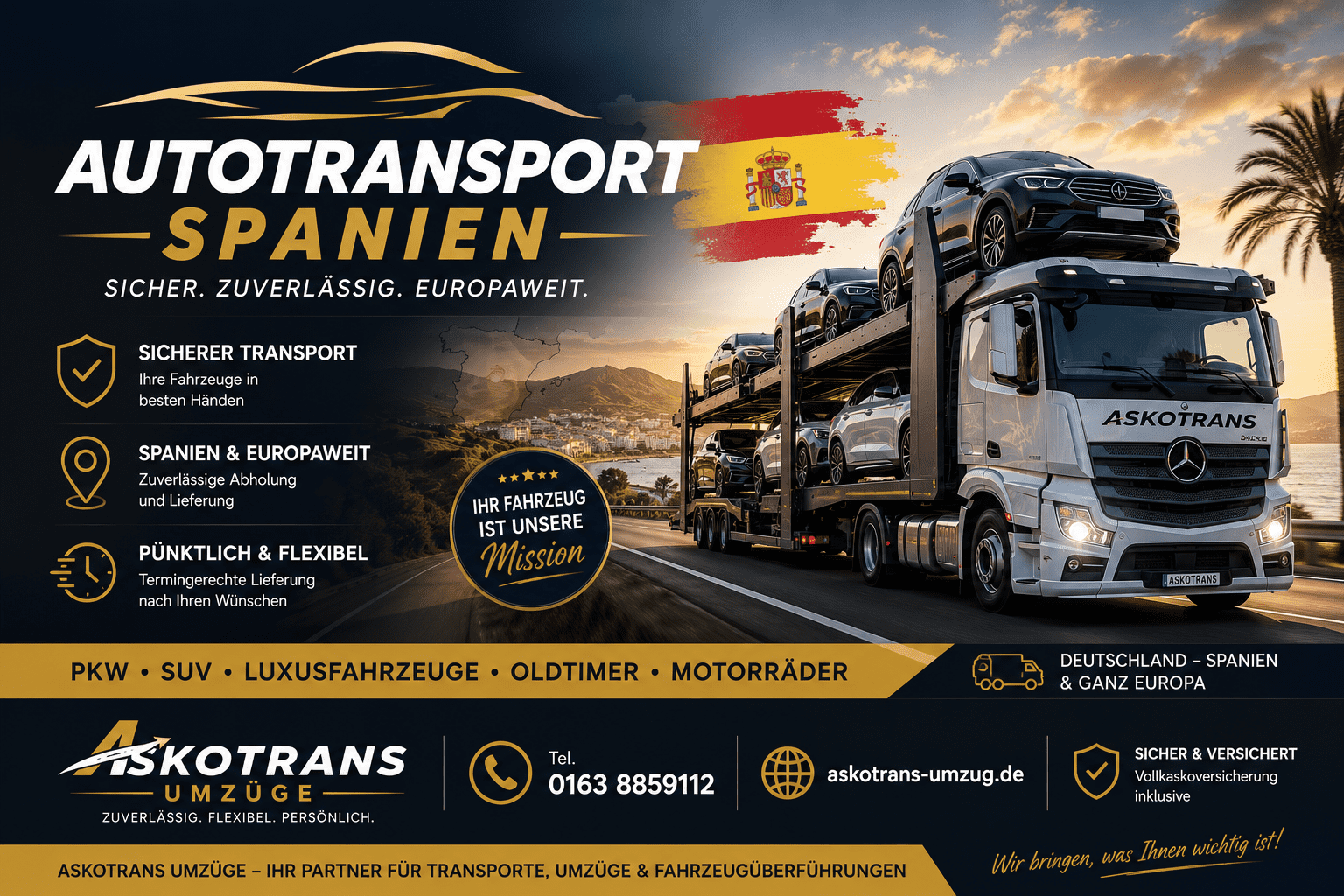 Professioneller PKW-Transport von Askotrans Umzüge bei einem Umzug von Mainz nach Spanien auf einem Spezial-LKW.